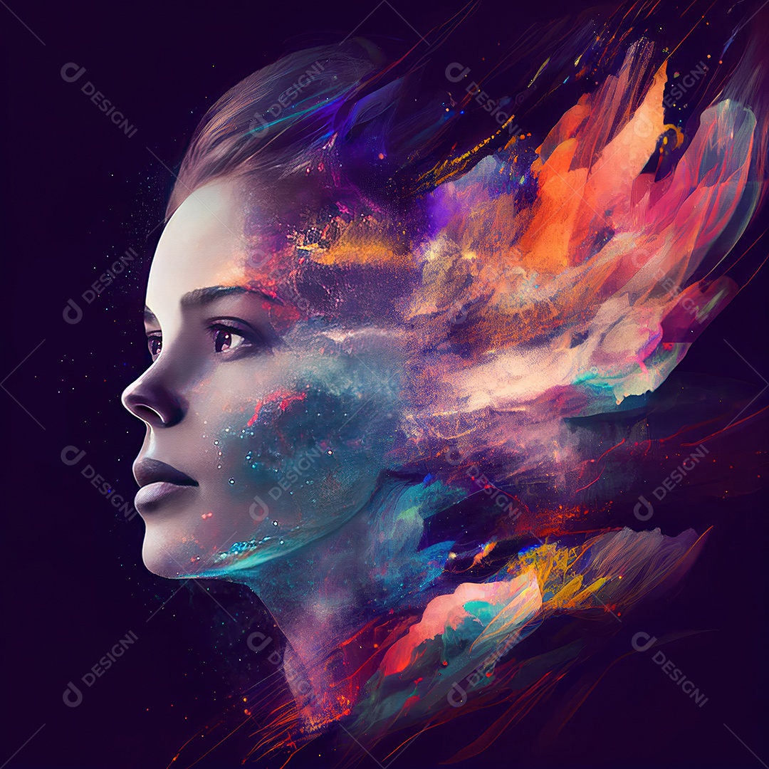 Retrato uma mulher com dupla exposição com tinta colorida