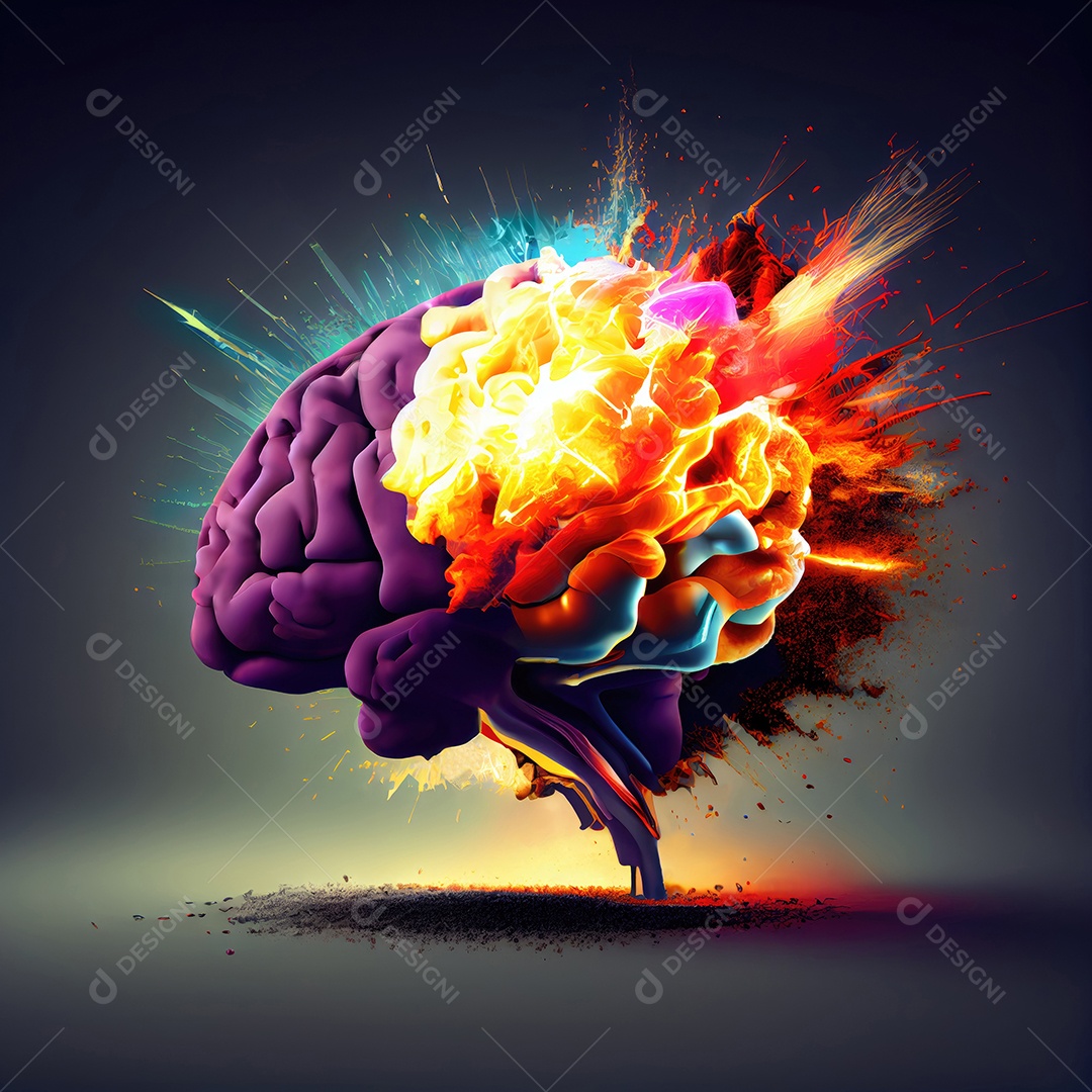 Arte conceitual de um cérebro humano colorido explodindo de conhecimento e criatividade