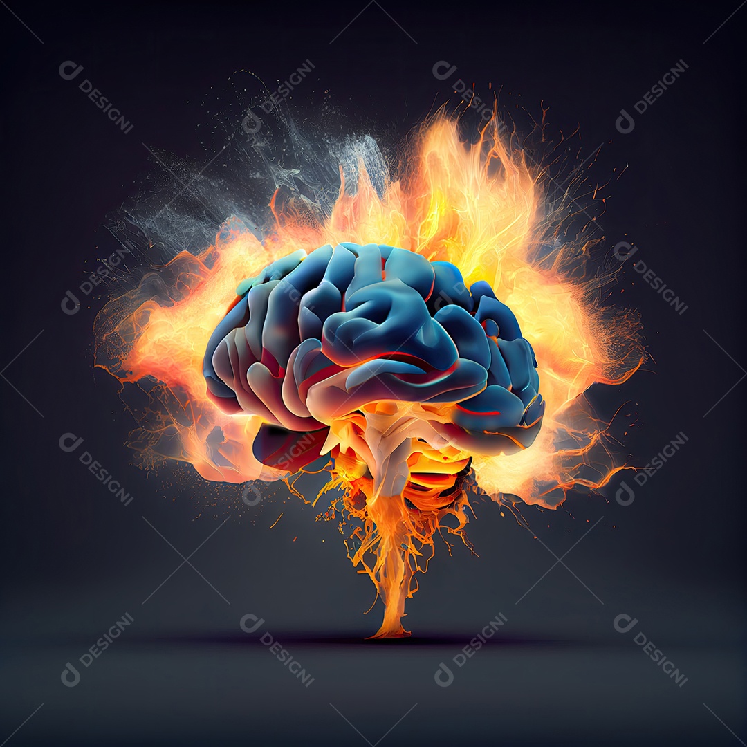 Arte conceitual de um cérebro humano colorido explodindo de conhecimento e criatividade