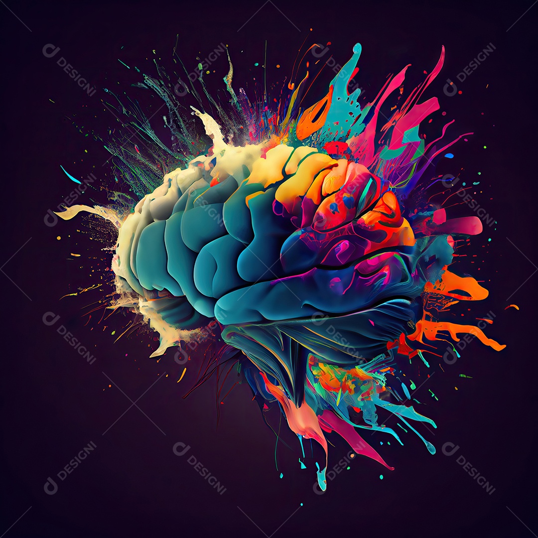 Arte conceitual de um cérebro humano colorido explodindo de conhecimento e criatividade