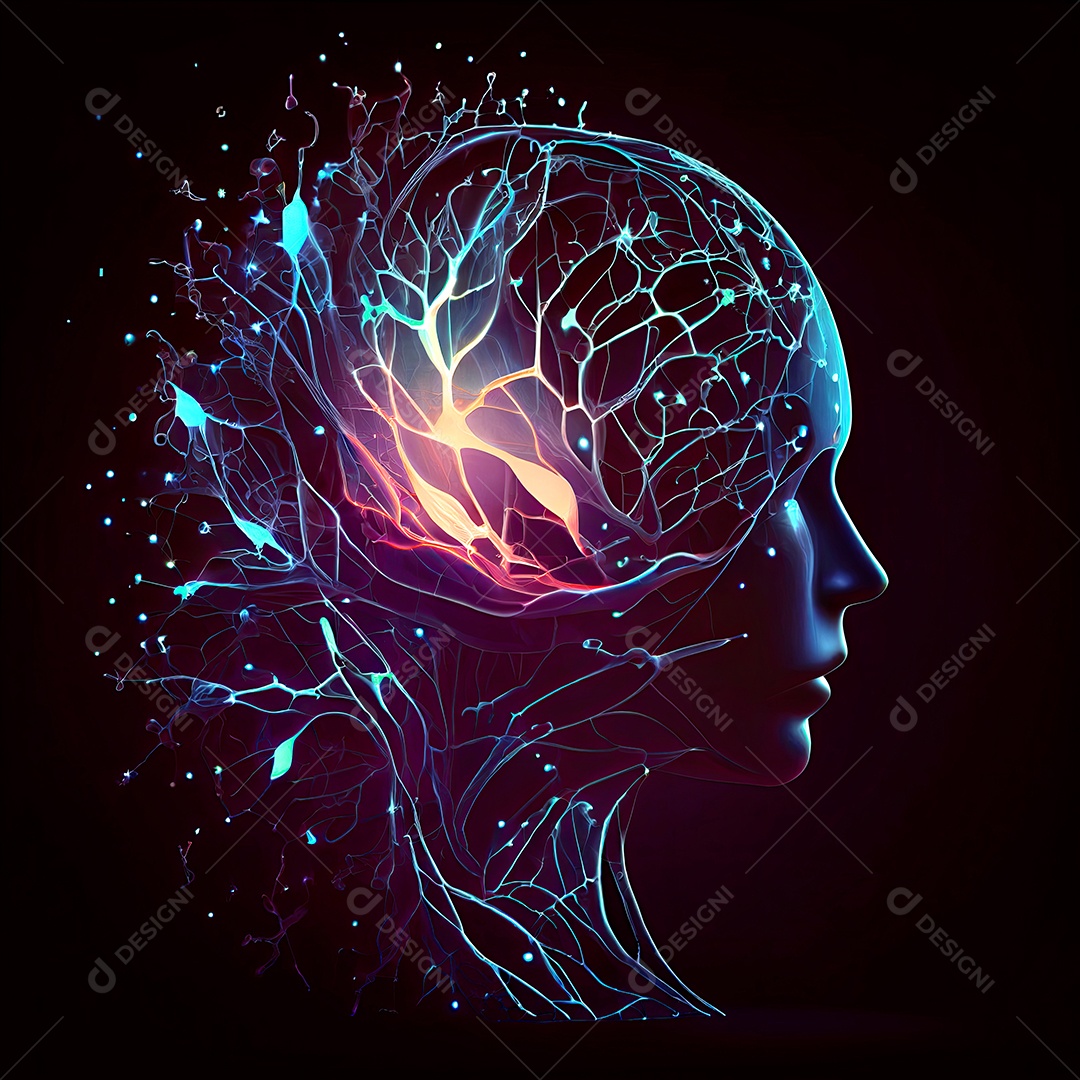 Cabeça humana com neurônios brilhantes no cérebro