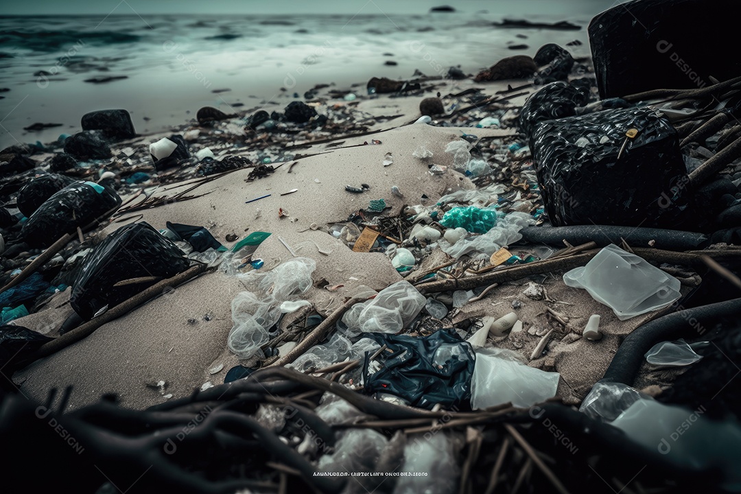Praia poluída com plástico e outros resíduos. A imagem deve ter um aspecto chocante e preocupante para chamar a atenção para a crise ambiental que ameaça a saúde do planeta no Dia da Terra. IA generativa