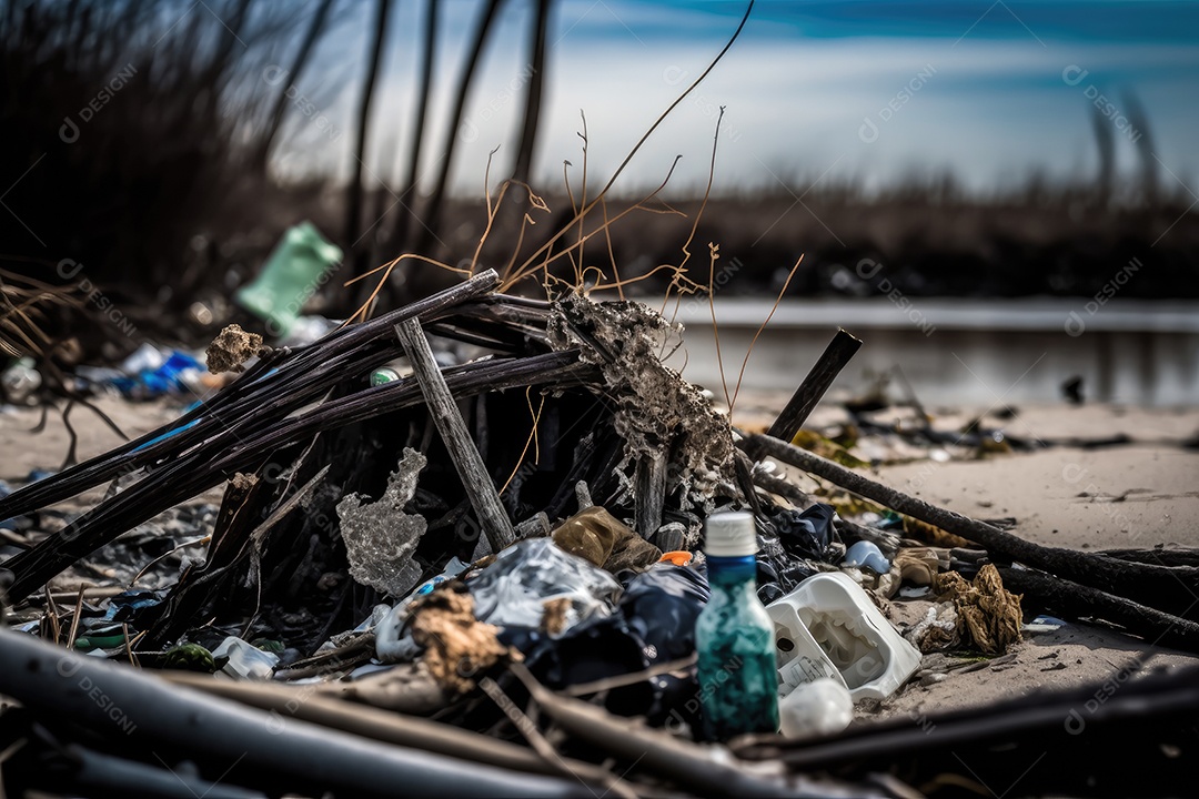 Praia poluída com plástico e outros resíduos. A imagem deve ter um aspecto chocante e preocupante para chamar a atenção para a crise ambiental que ameaça a saúde do planeta no Dia da Terra. IA generativa