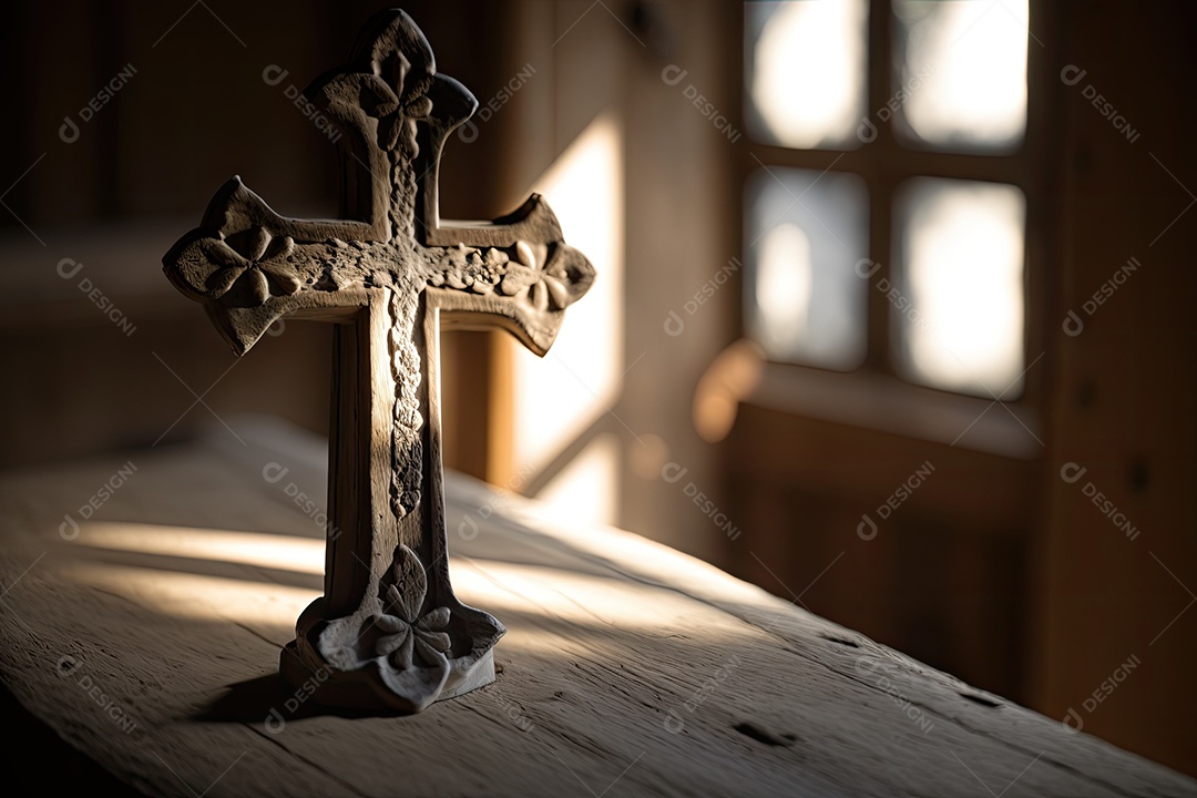 Cruz rústica de madeira em capela rural, com a luz do sol entrando pelas janelas e iluminando a cruz. A imagem deve ter uma atmosfera pacífica e serena, com uma sensação de quietude.