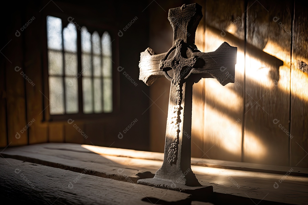 Cruz rústica de madeira em capela rural, com a luz do sol entrando pelas janelas e iluminando a cruz. A imagem deve ter uma atmosfera pacífica e serena, com uma sensação de quietude.