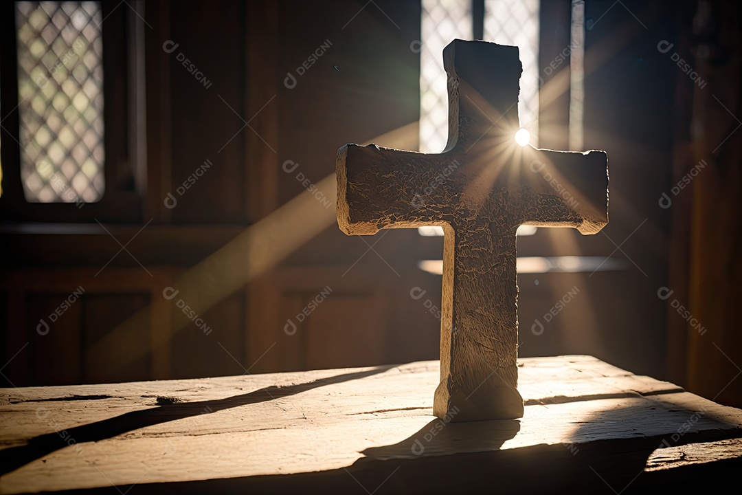 Cruz rústica de madeira em capela rural, com a luz do sol entrando pelas janelas e iluminando a cruz. A imagem deve ter uma atmosfera pacífica e serena, com uma sensação de quietude.