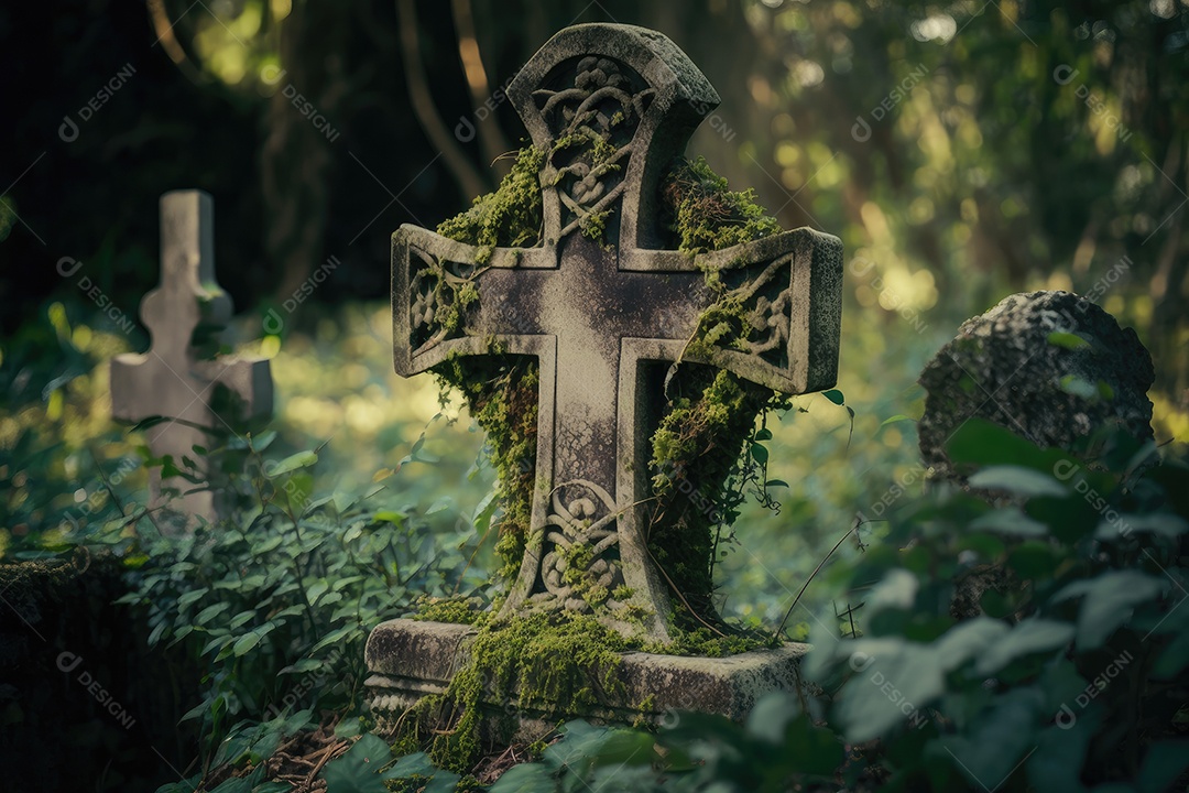 Cruz de metal enferrujado em um deserto rochoso, com o pôr do sol no horizonte criando uma luz laranja quente e longas sombras. A imagem deve parecer nostálgica e melancólica, com uma sensação de desolação.