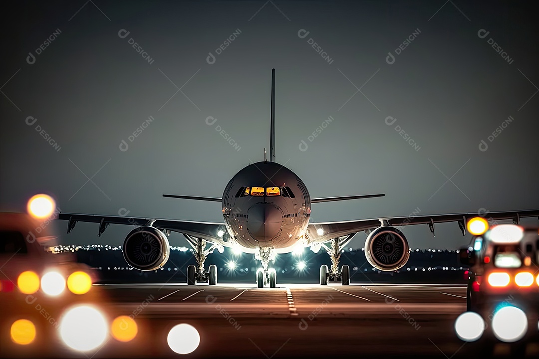 Boeing 747 - 8 avião comercial de passageiros decolando de um aeroporto internacional em uma longa pista, com a torre de controle, as luzes da pista e os prédios do aeroporto visíveis ao fundo.