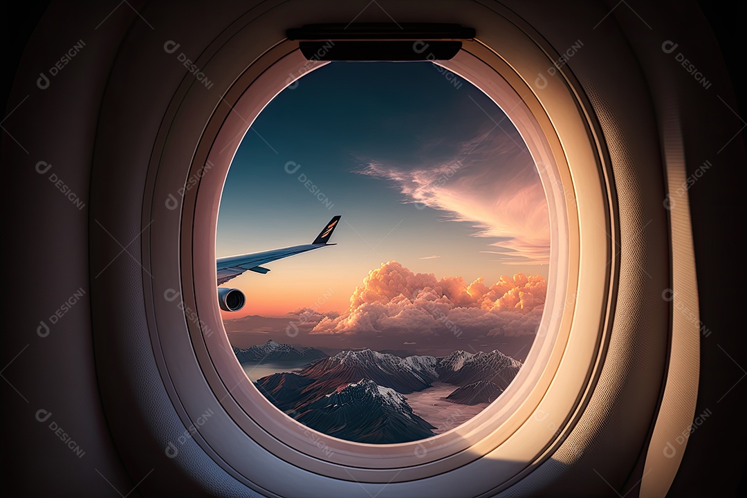 Vista da janela do avião, nuvens passando, cores do nascer do sol, montanhas ao longe, turbulência leve, silêncio pacífico, antecipação da chegada. IA generativa