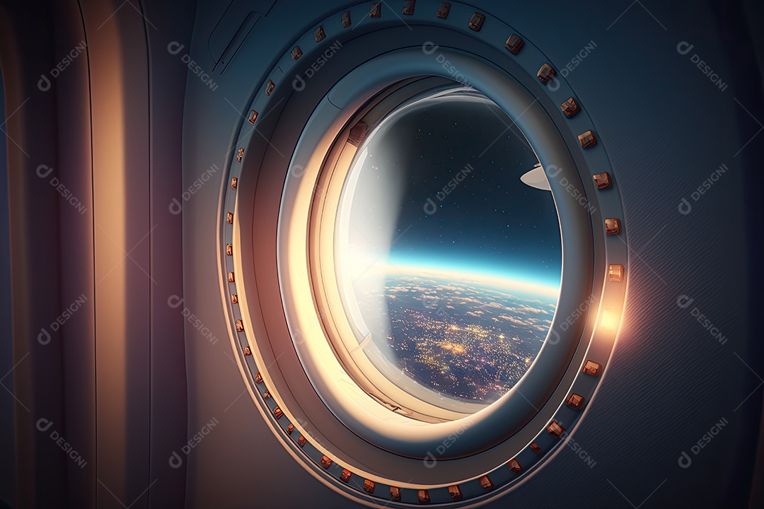 Vista da janela do avião, nuvens passando, cores do nascer do sol, montanhas ao longe, turbulência leve, silêncio pacífico, antecipação da chegada. IA generativa