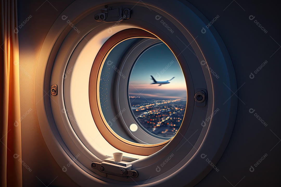 Vista da janela do avião, nuvens passando, cores do nascer do sol, montanhas ao longe, turbulência leve, silêncio pacífico, antecipação da chegada