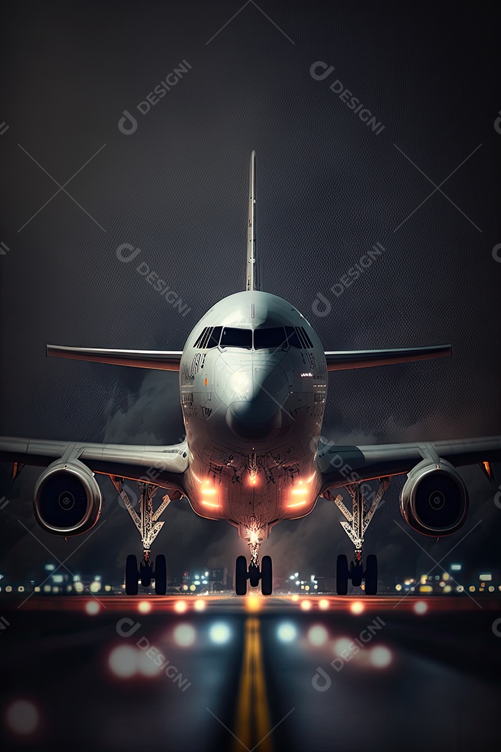 Avião retirado da vista frontal, com fundo desfocado, noite