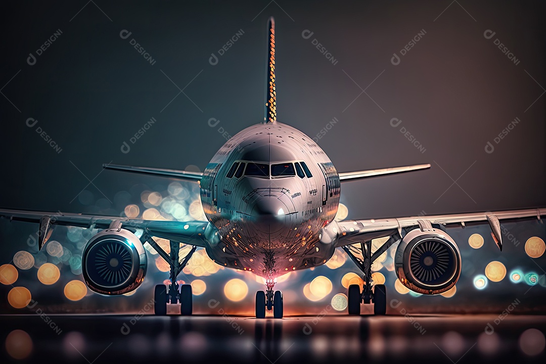 Avião retirado da vista frontal, com fundo desfocado, noite.