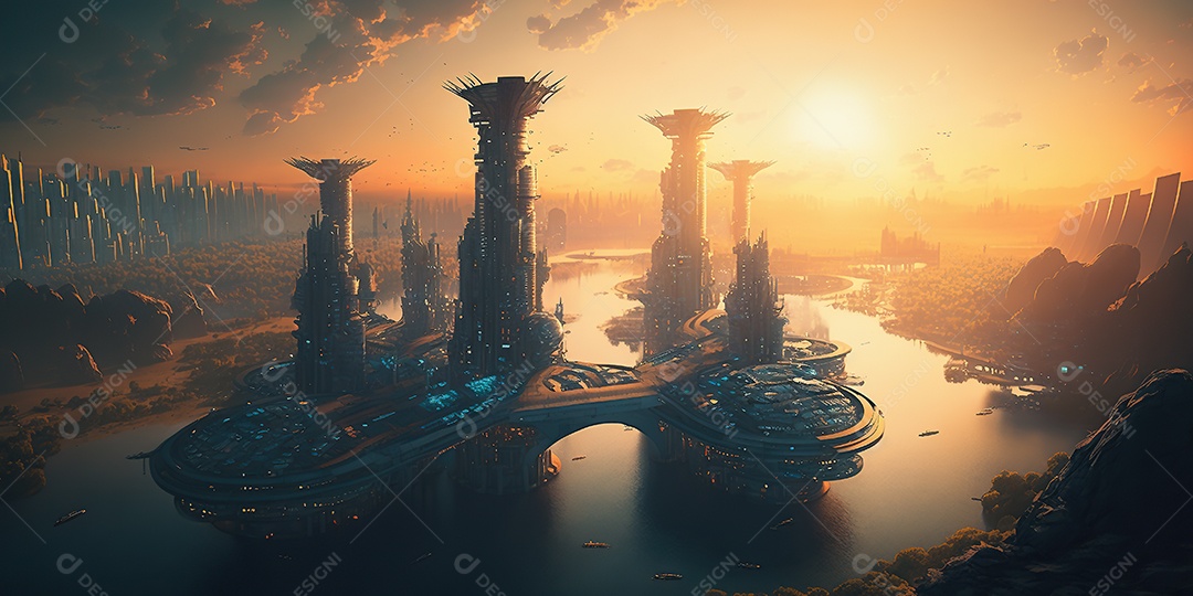 Vista aérea de uma cidade cyberpunk flutuando entre nuvens densas. Fantasia, futurista, pôr do sol.
