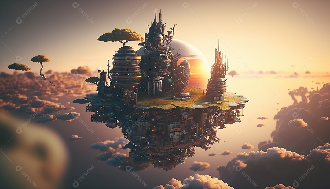 Vista aérea de uma cidade cyberpunk flutuando entre nuvens densas. Fantasia, futurista, pôr do sol.