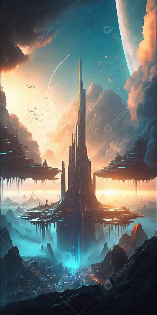 Vista aérea de uma cidade cyberpunk flutuando entre nuvens densas. Fantasia, futurista, pôr do sol.