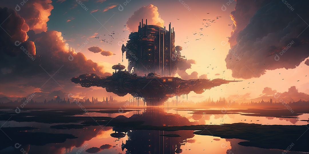 Vista aérea de uma cidade cyberpunk flutuando entre nuvens densas. Fantasia, futurista, pôr do sol.