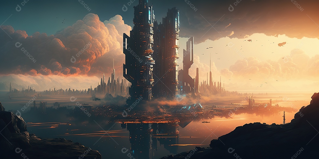 Vista aérea de uma cidade cyberpunk flutuando entre nuvens densas. Fantasia, futurista, pôr do sol.