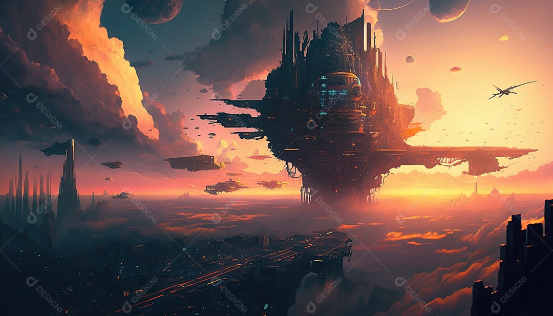Vista aérea de uma cidade cyberpunk flutuando entre nuvens densas. Fantasia, futurista, pôr do sol.