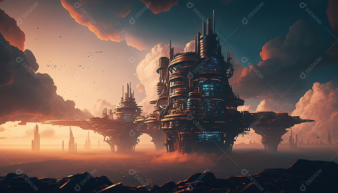 Vista aérea de uma cidade cyberpunk flutuando entre nuvens densas. Fantasia, futurista, pôr do sol.