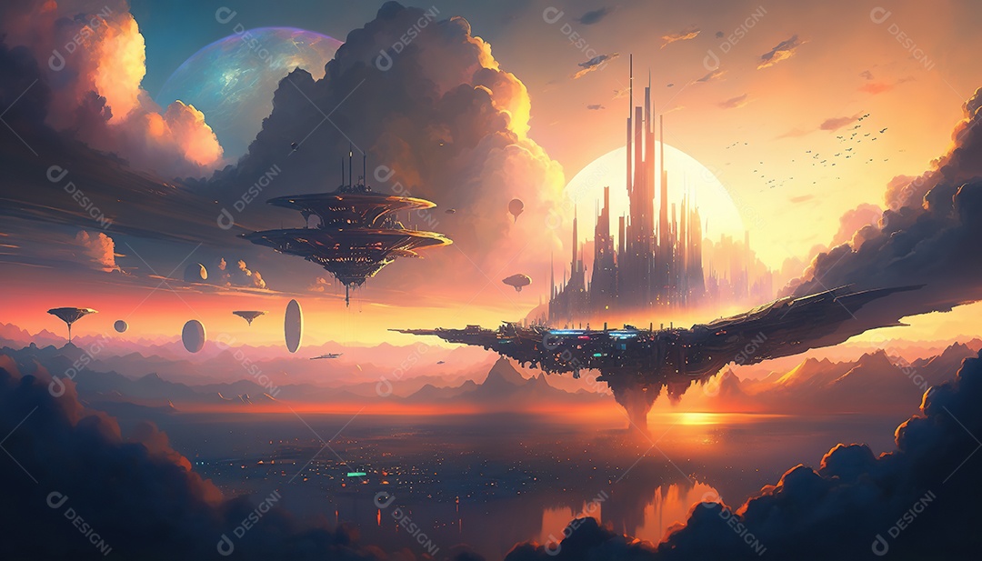 Vista aérea de uma cidade cyberpunk flutuando entre nuvens densas. Fantasia, futurista, pôr do sol.