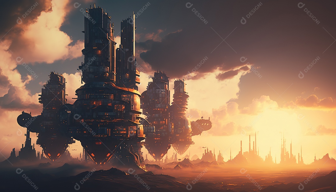 Vista aérea de uma cidade cyberpunk flutuando entre nuvens densas. Fantasia, futurista, pôr do sol.