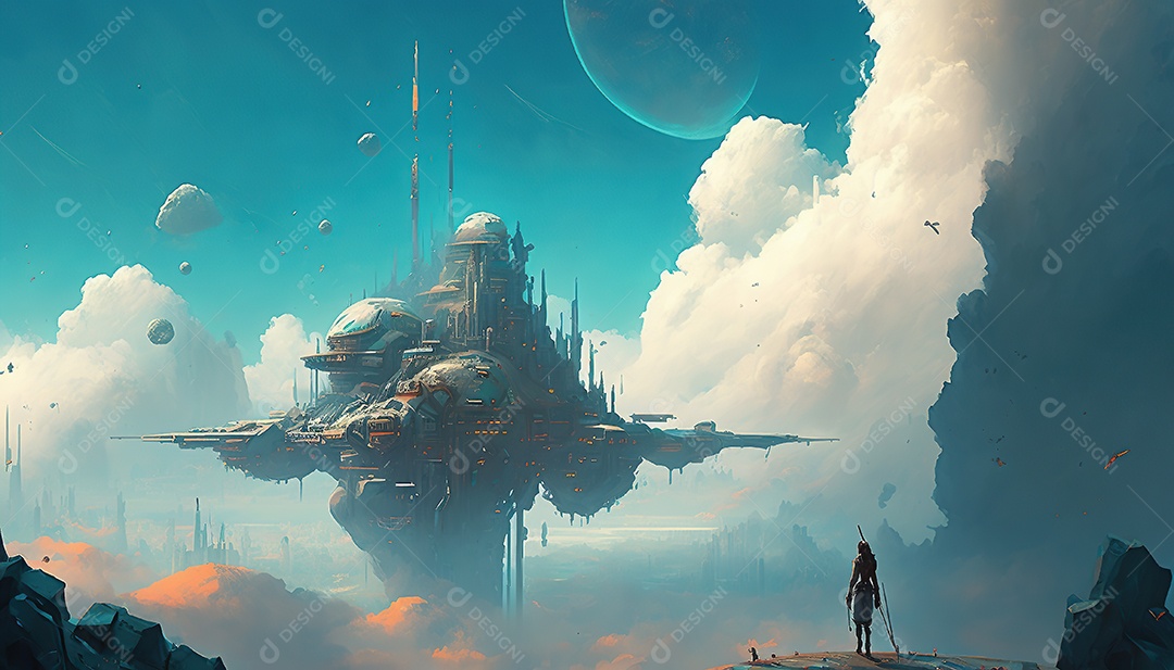 Vista aérea de uma cidade cyberpunk flutuando entre nuvens densas. Fantasia, futurista, pôr do sol.