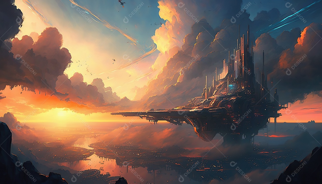 Vista aérea de uma cidade cyberpunk flutuando entre nuvens densas. Fantasia, futurista, pôr do sol.