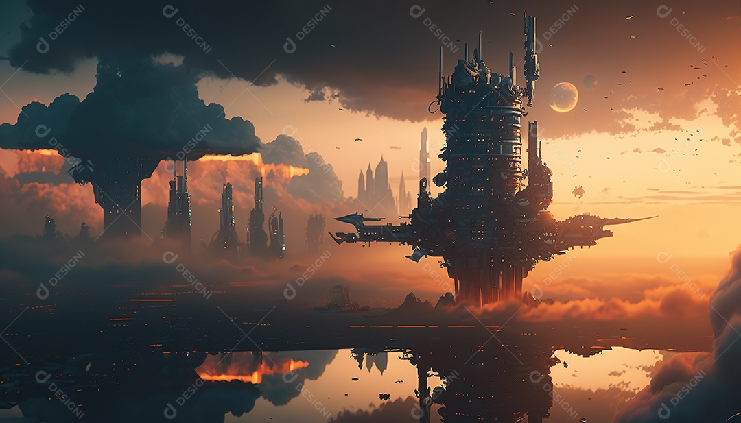 Vista aérea de uma cidade cyberpunk flutuando entre nuvens densas. Fantasia, futurista, pôr do sol.