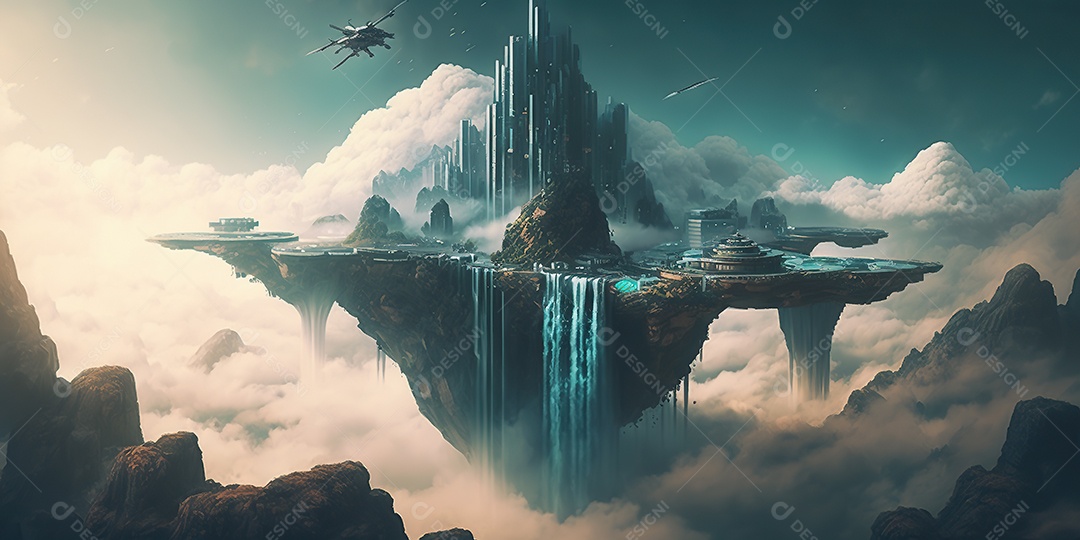 Vista aérea de uma cidade cyberpunk flutuando entre nuvens densas. Fantasia, futurista, pôr do sol.