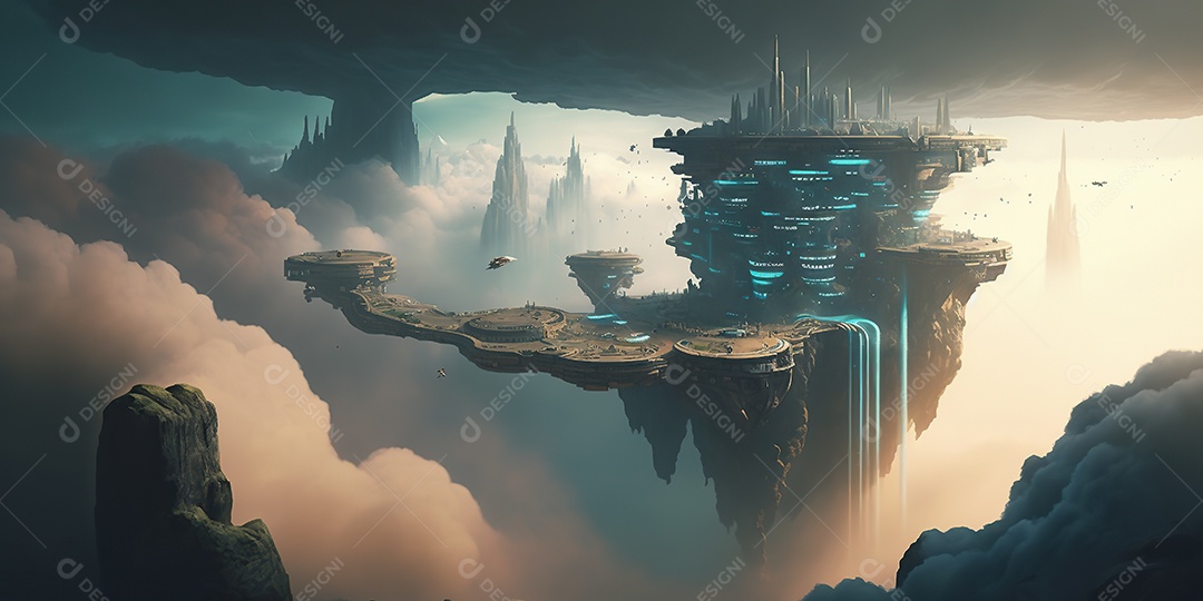 Vista aérea de uma cidade cyberpunk flutuando entre nuvens densas. Fantasia, futurista, pôr do sol.