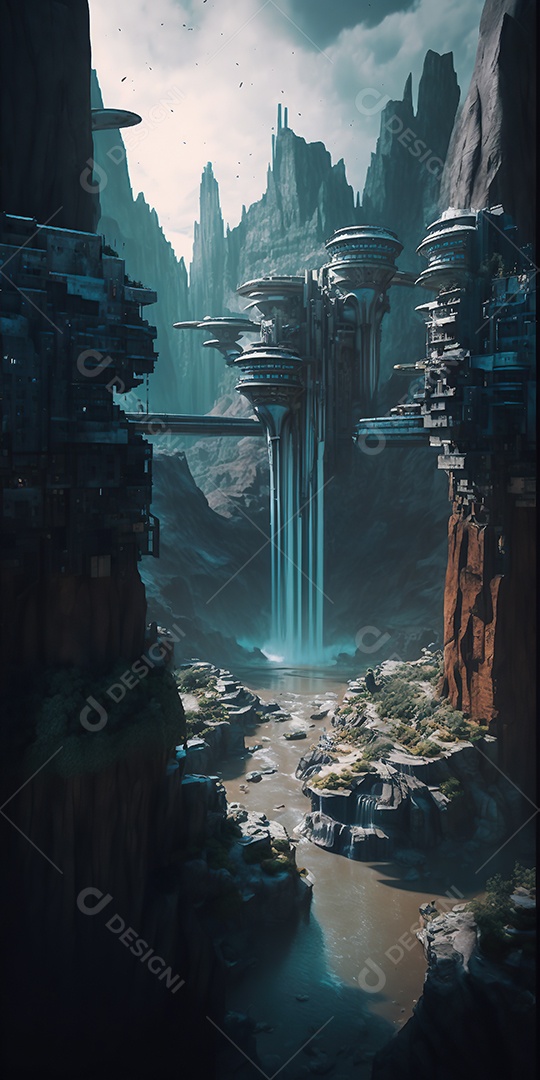 Vista aérea de uma cidade cyberpunk flutuando entre nuvens densas. Fantasia, futurista, pôr do sol.