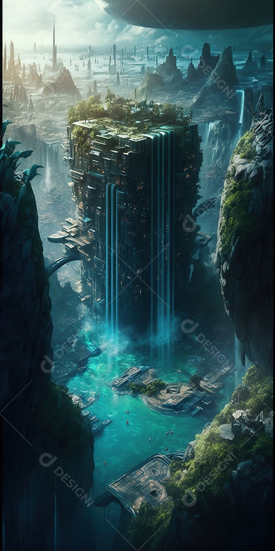 Vista aérea de uma cidade cyberpunk flutuando entre nuvens densas. Fantasia, futurista, pôr do sol.