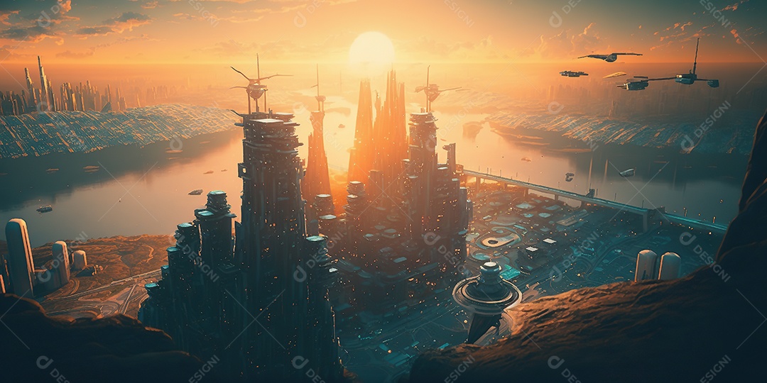 vista aérea de uma cidade futurista construída verticalmente. Belas nuvens e cachoeiras. Fantasia, magia.