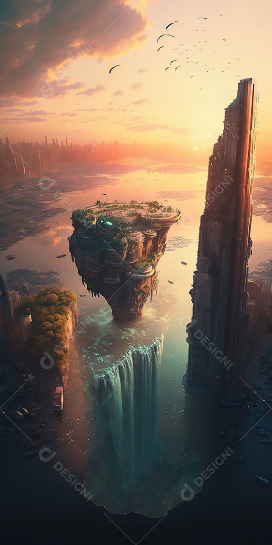 vista aérea de uma cidade futurista construída verticalmente. Belas nuvens e cachoeiras. Fantasia, magia.