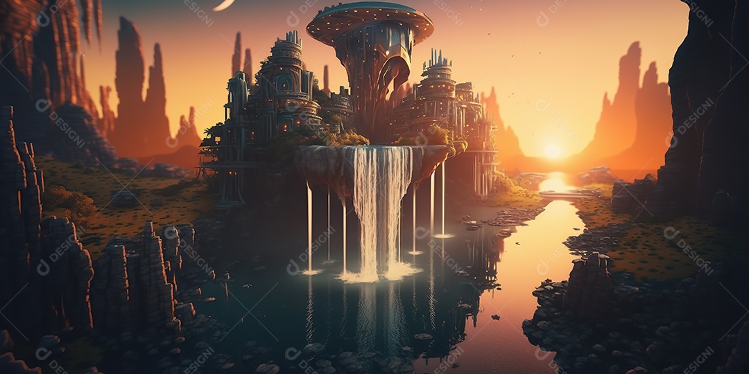 vista aérea de uma cidade futurista construída verticalmente. Belas nuvens e cachoeiras. Fantasia, magia.