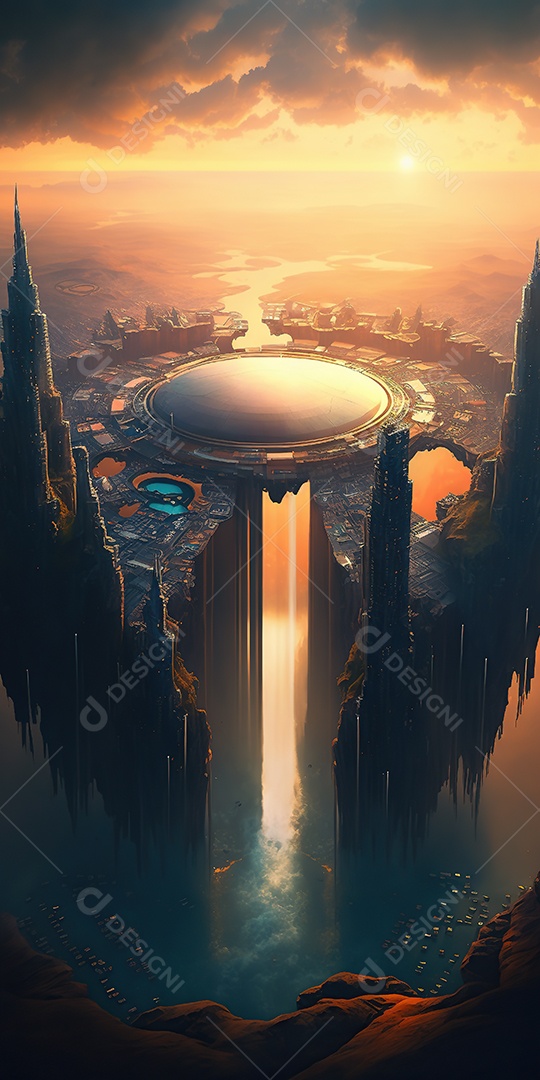 vista aérea de uma cidade futurista construída verticalmente. Belas nuvens e cachoeiras. Fantasia, magia.