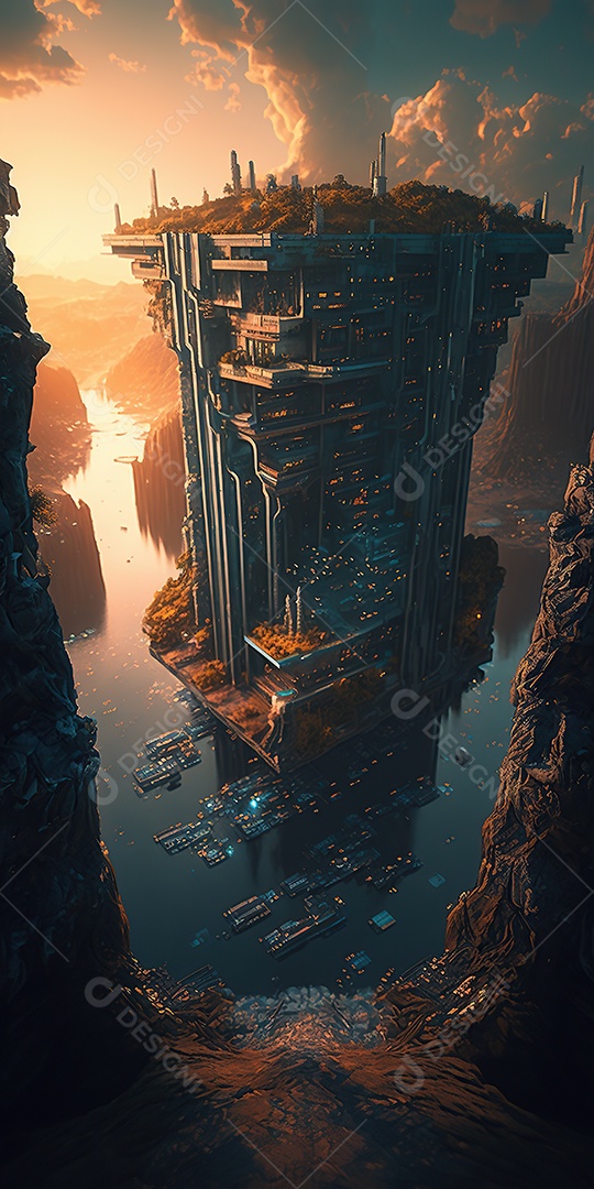 vista aérea de uma cidade futurista construída verticalmente. Belas nuvens e cachoeiras. Fantasia, magia.