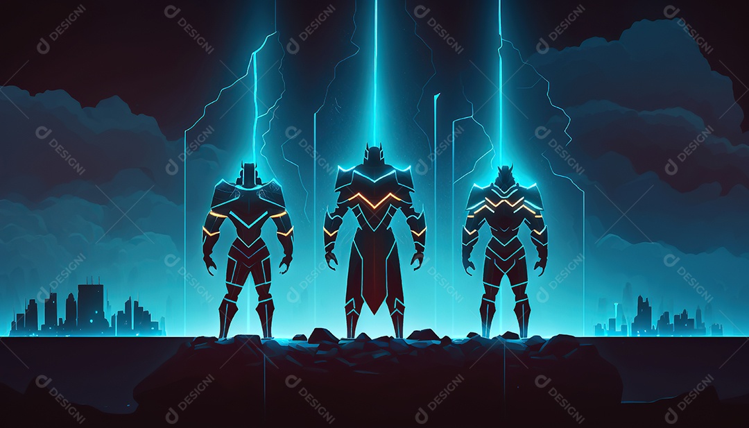 Cyberpunk, equipe de heróis lutando contra a inovação em uma cidade futurista.