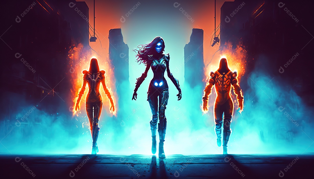 Cyberpunk, equipe de heróis lutando contra a inovação em uma cidade futurista.