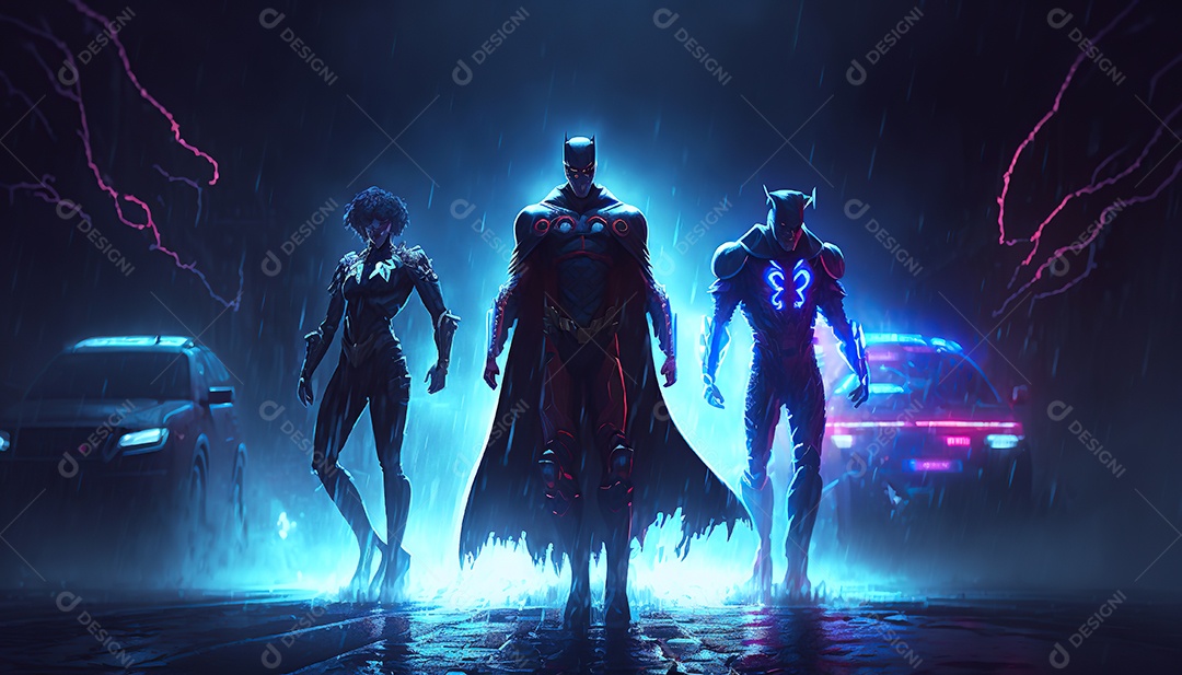 Cyberpunk, equipe de heróis lutando contra a inovação em uma cidade futurista.
