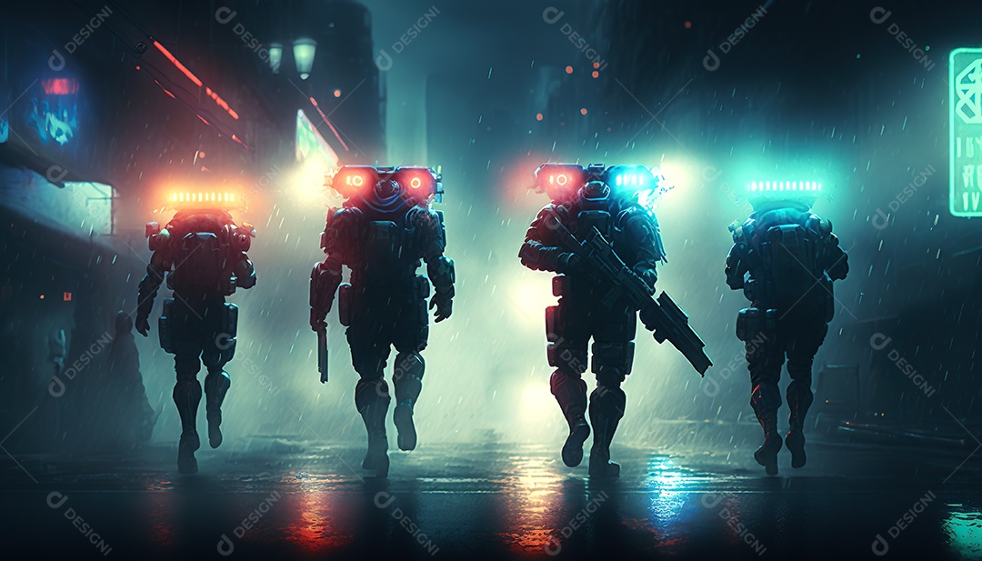 Cyberpunk, equipe de heróis lutando contra a inovação em uma cidade futurista.