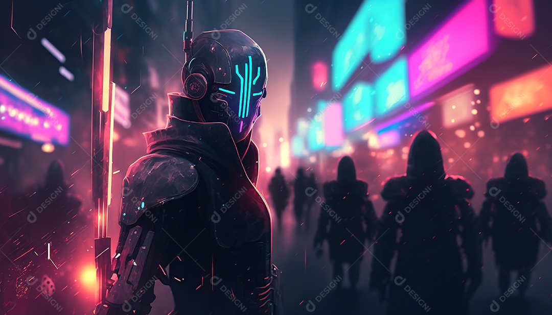 Cyberpunk, equipe de heróis lutando contra a inovação em uma cidade futurista.