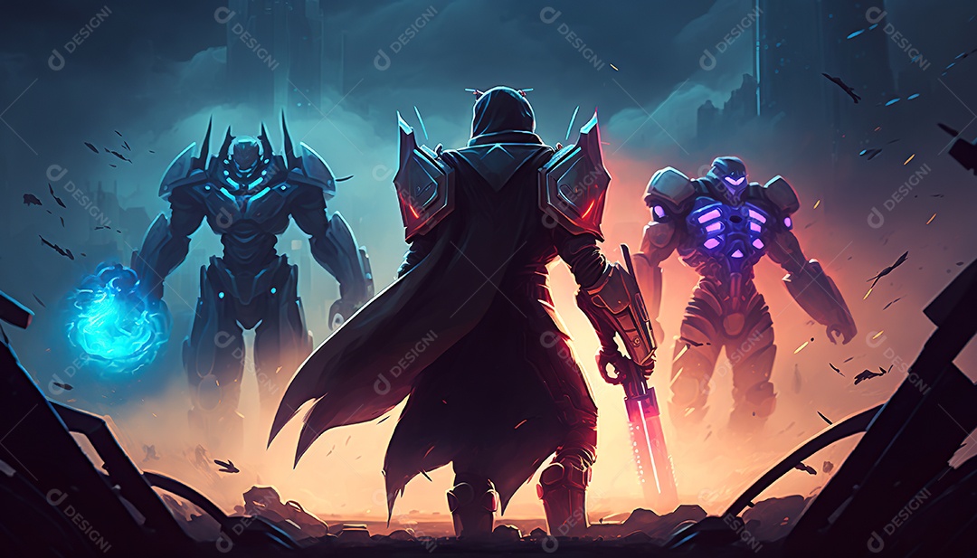 Cyberpunk, equipe de heróis lutando contra a inovação em uma cidade futurista.