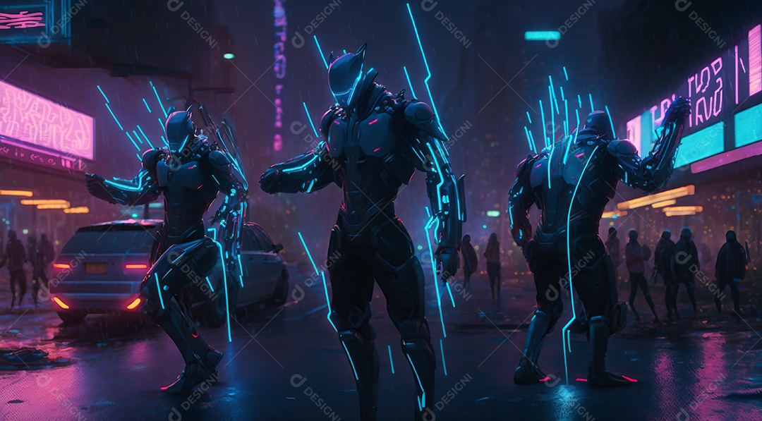 grupo de soldados alienígenas invadindo a cidade, cyberpunk