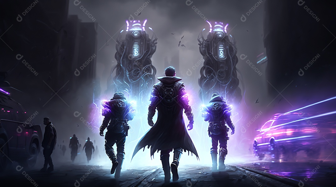 Cyberpunk, equipe de heróis lutando contra a inovação em uma cidade futurista.