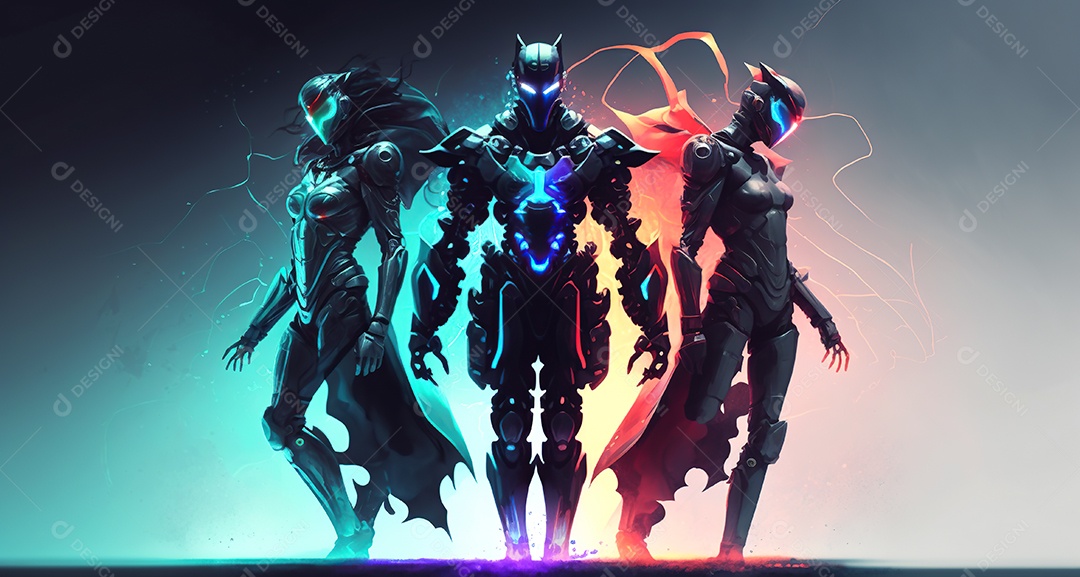 Cyberpunk, equipe de heróis lutando contra a inovação em uma cidade futurista.