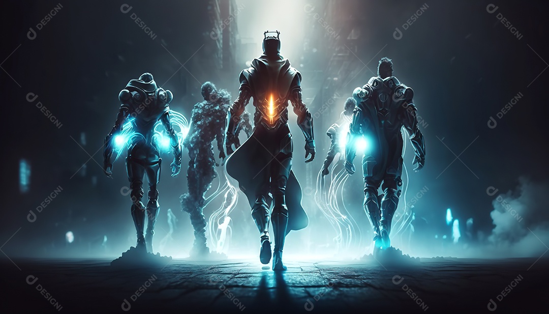 Cyberpunk, equipe de heróis lutando contra a inovação em uma cidade futurista.