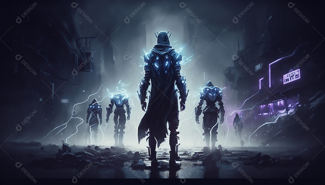 Cyberpunk, equipe de heróis lutando contra a inovação em uma cidade futurista.