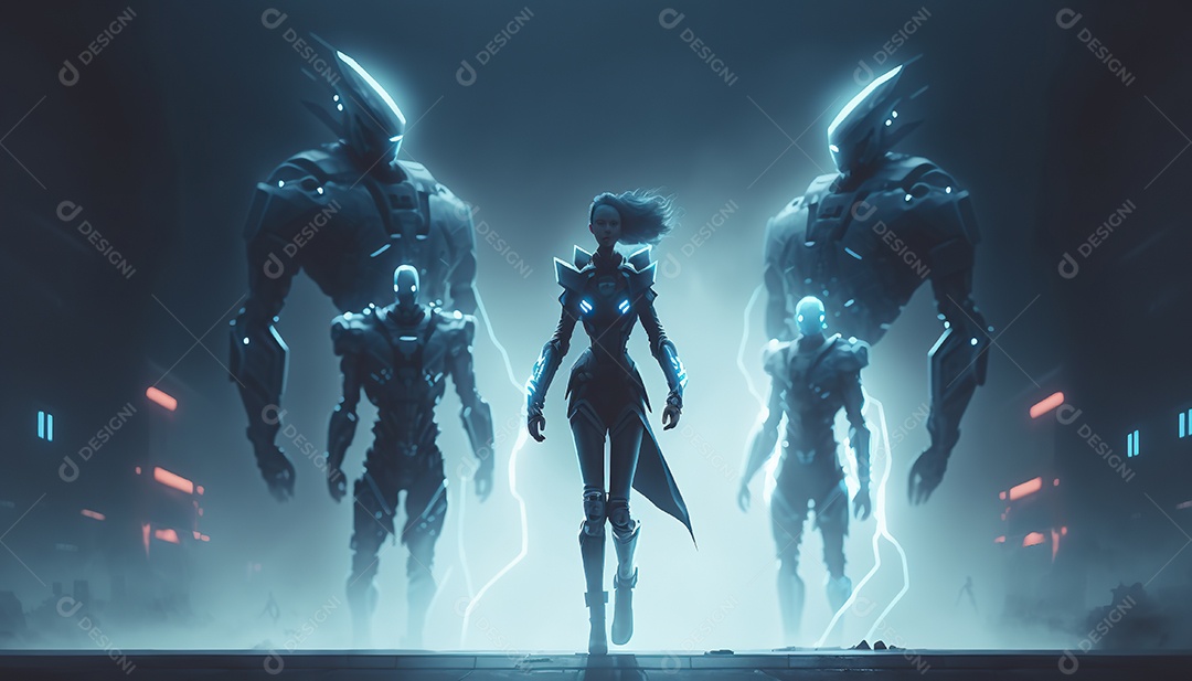 Cyberpunk, equipe de heróis lutando contra a inovação em uma cidade futurista.